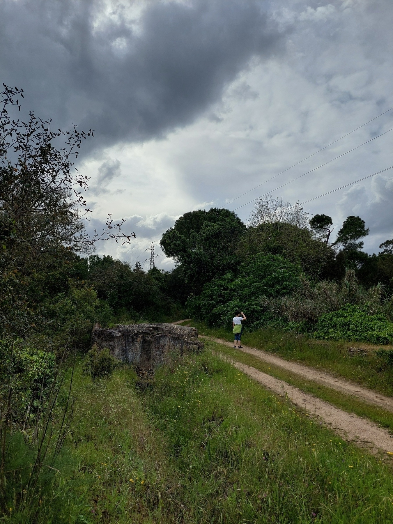 It doesn't look like it, but this is a bridge. Double track and a water reservoir. A woman is walking along one of the tracks. 